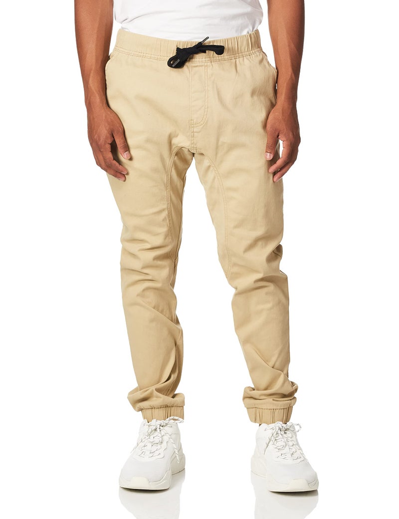 WT02 Young Menâ€™s Jogger Pants In Basic Solid Colors and Stretch Twill Fabric Pants, -light khaki, Small - Image 1
